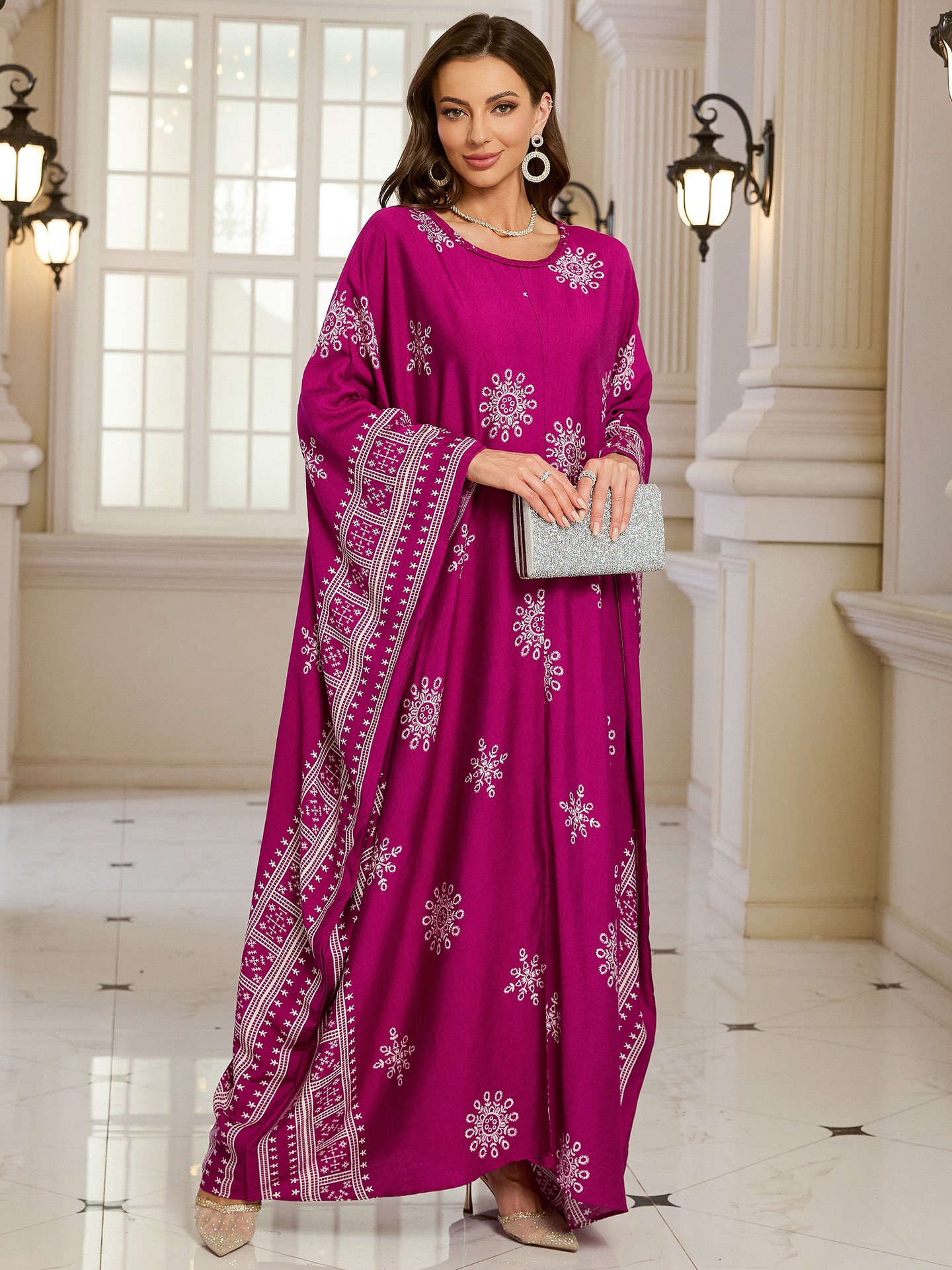 Geometric Pattern Kaftan Maxi Dress with Long Batwing Sleeves for Beach Cover Up